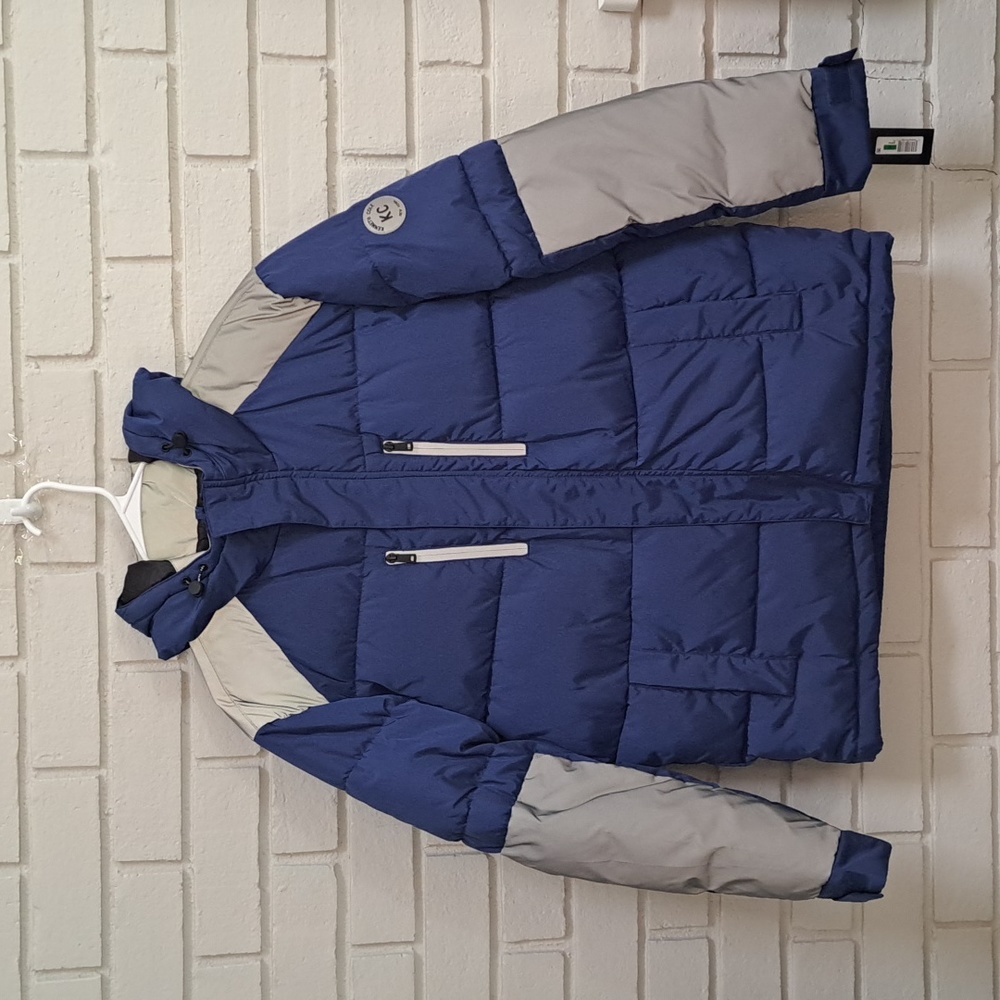 Kenneth Cole New York Blue/Gray Hooded Winter puffer Coat. Size Large NWT